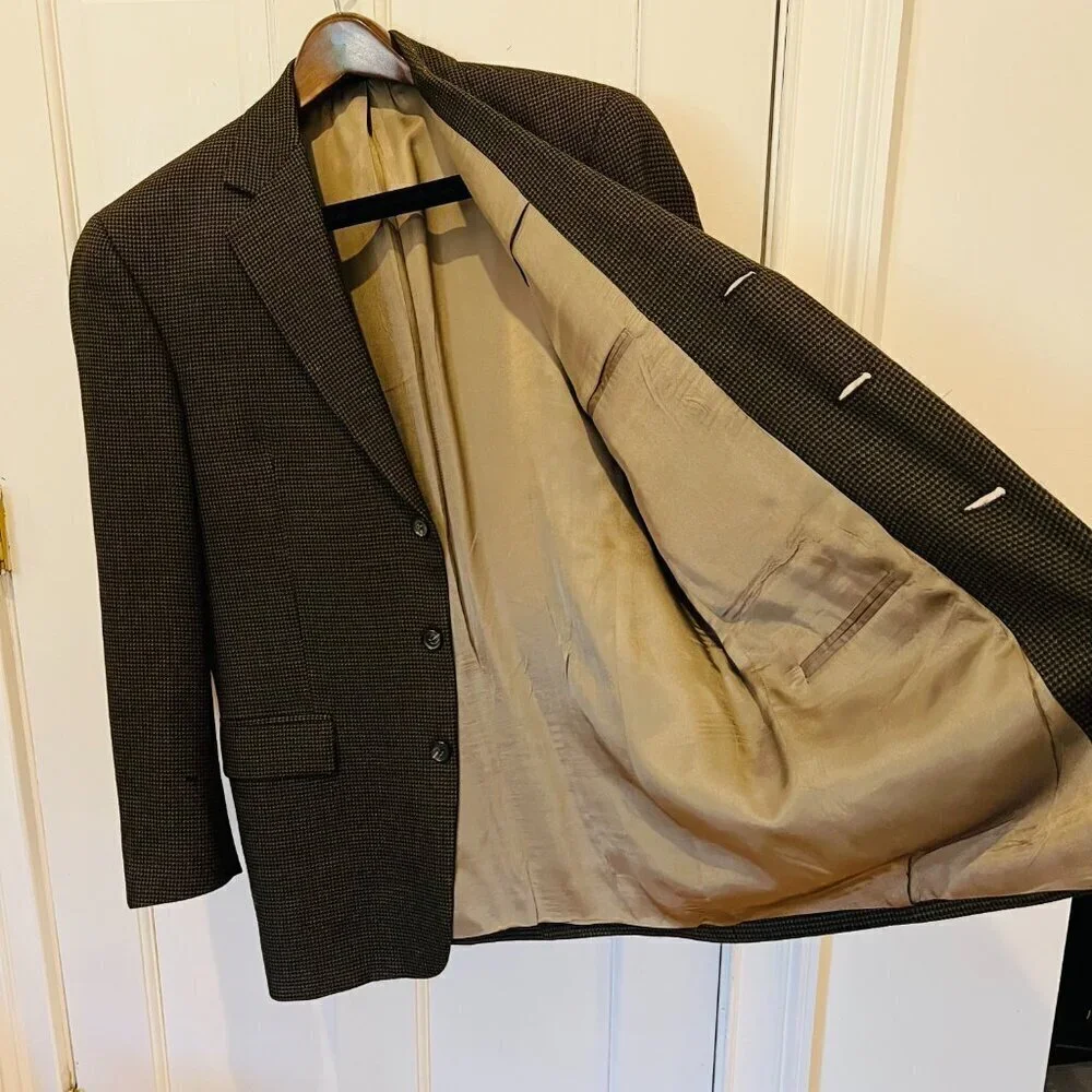 VINTAGE Tweed Jacket L Houndstooth Check 100% Wool Blazer 42 R